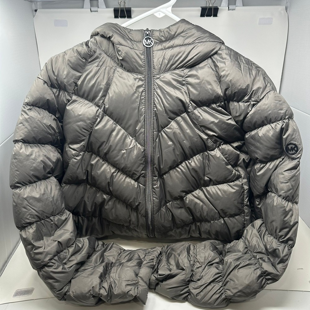 Michael Kors Puffer Jacket Women 3X Gray Packable Down Fill Hooded Chevron 2273